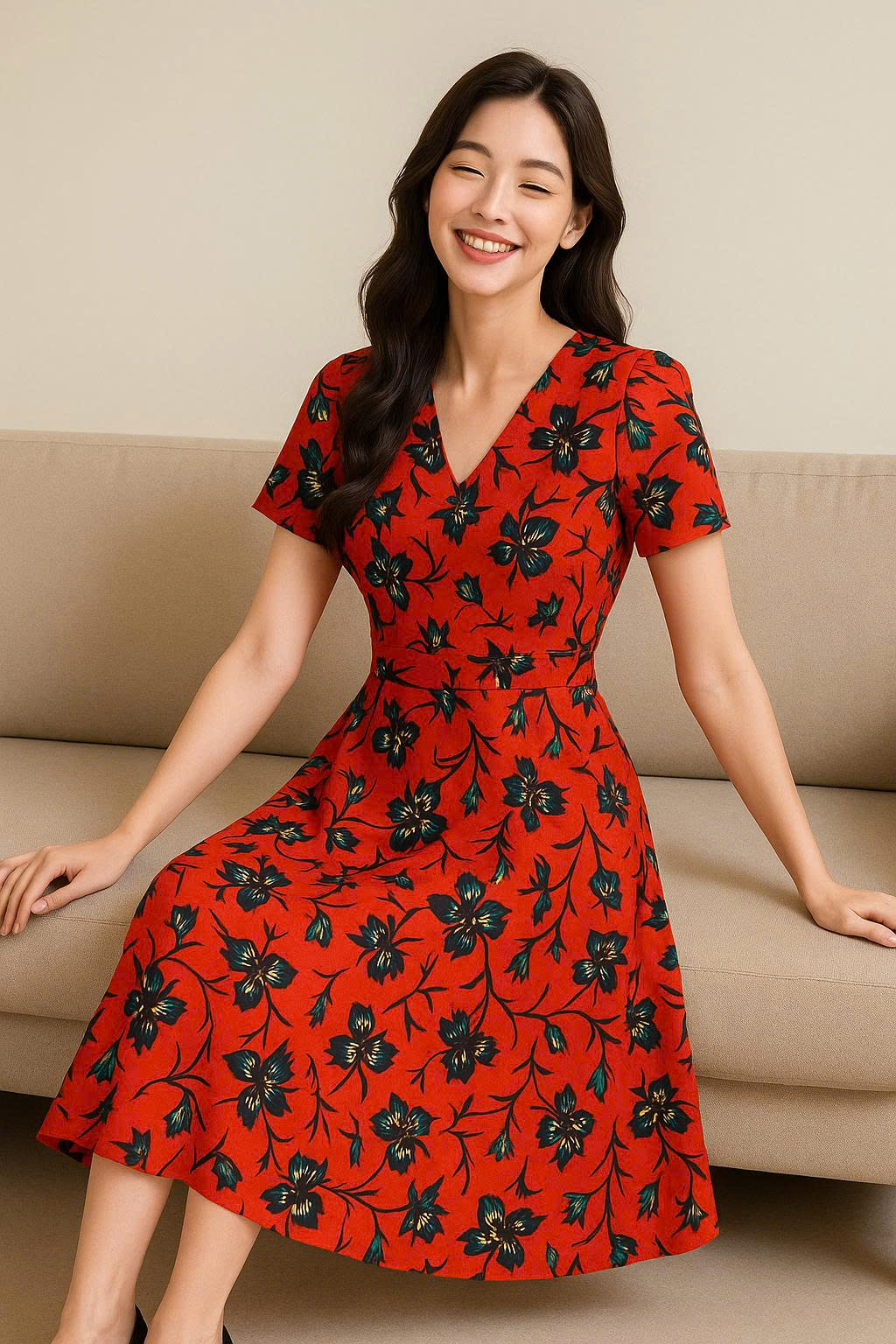 Đầm đỏ cam hoa đen giá 699k sale còn 399k